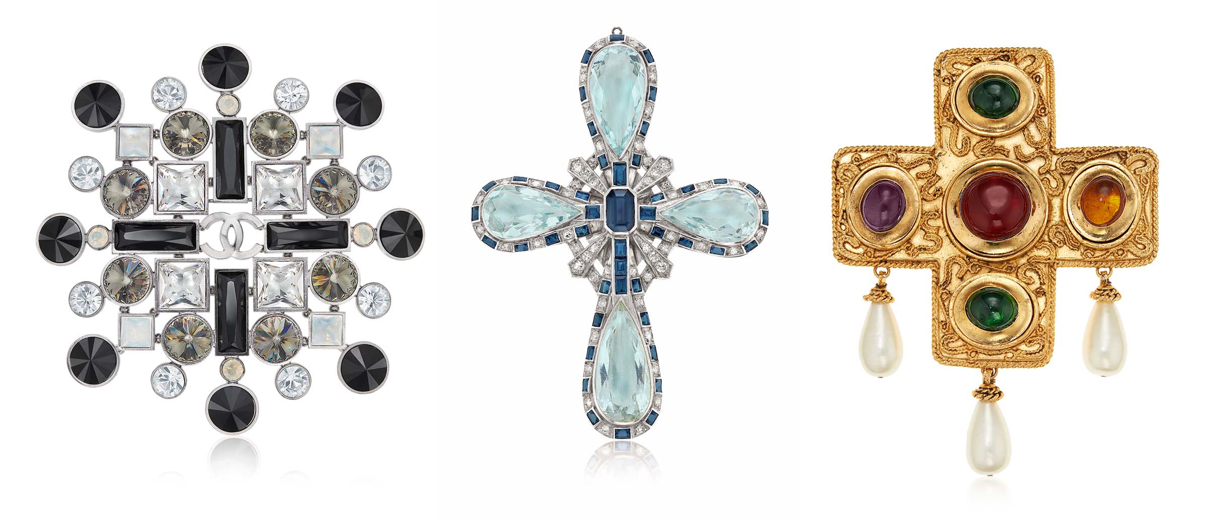 Left: Unsigned Chanel crystal brooch. 10.2 x 10.2 cm (4 x 4 in). Sold for $10,080. Center: Aquamarine, sapphire and diamond pendant. 8.6 x 6.1 cm (3⅜ x 2⅜ in). Sold for $8,190. Right: Chanel glass and faux pearl pendant-brooch. 12.7 x 9.5 cm (5 x 3¾ in). Sold for $3,780. All sold in
The Collection of André Leon Talley: Online on 16 February 2023 at Christie’s online
