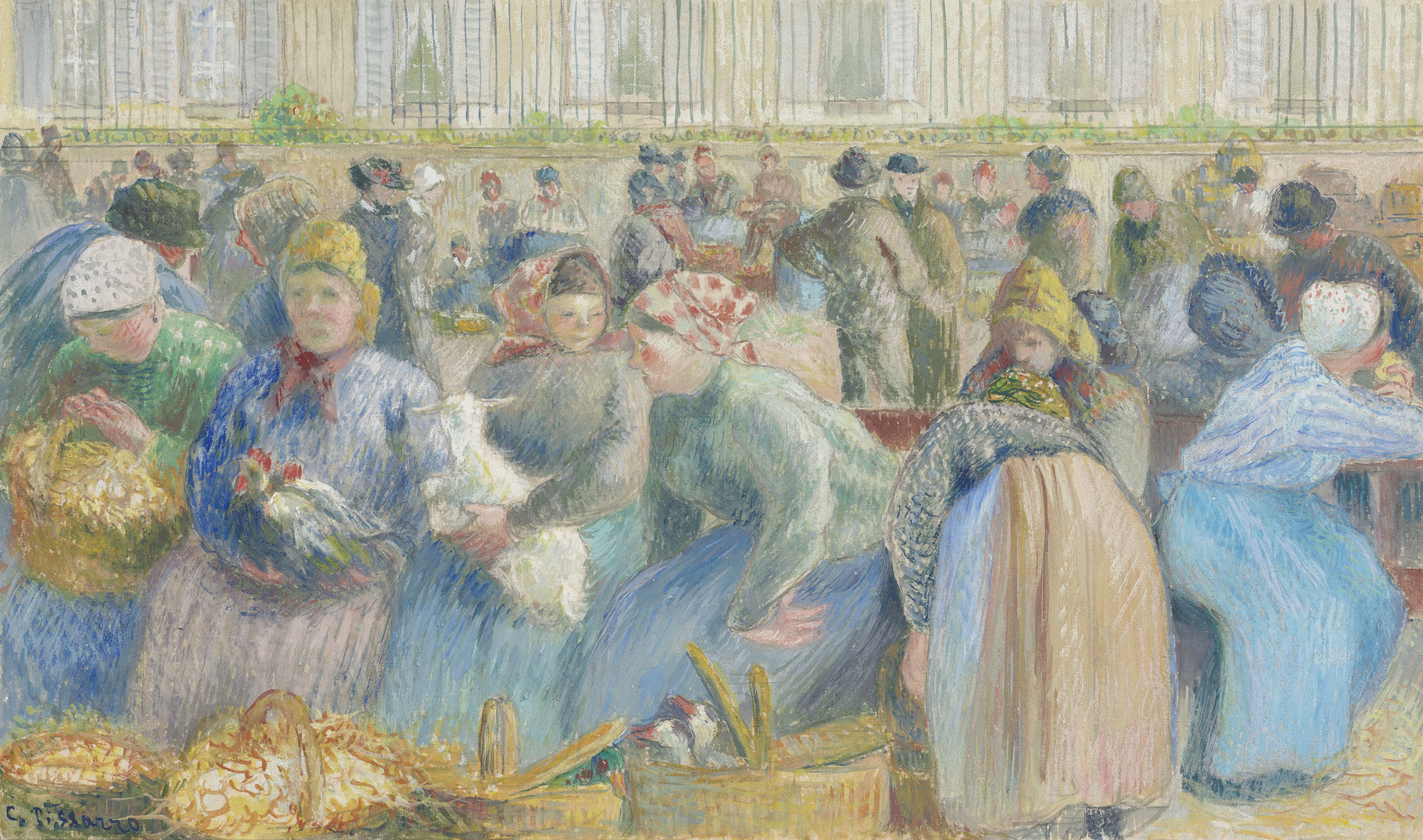 Camille Pissarro (1830-1903), Le March&eacute; aux oeufs, circa 1884. Gouache on silk. 9&frac14; x 15⅜ in (23.4 x 39 cm). Sold for &pound;525,000 on 24 March 2021 at Christie&rsquo;s in London